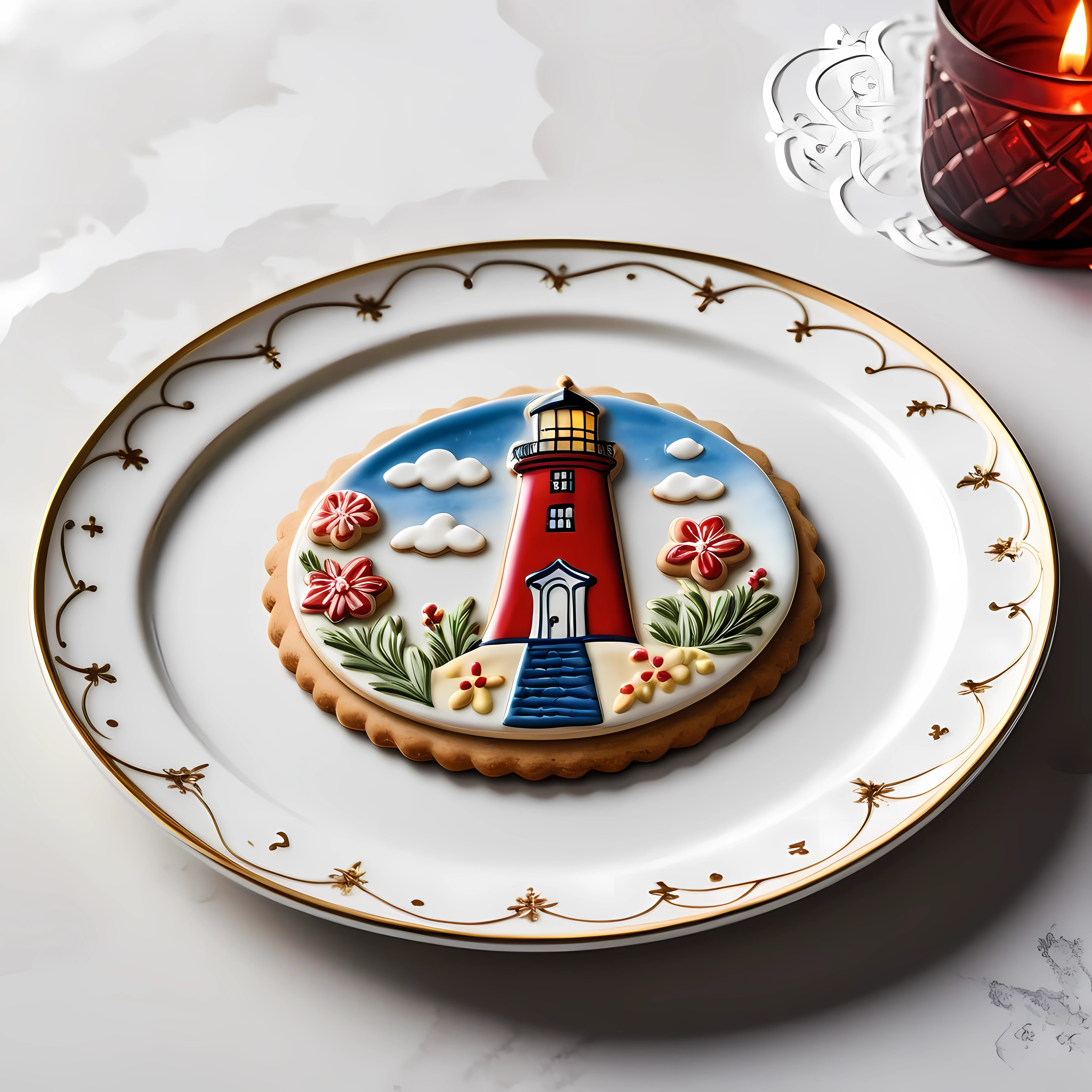 Masterpiece in maximum 16K resolution, superb quality, close up of an elegant plate with an image of an eerie marine scene with an otherworldly lighthouse, vintage look, the plate iade of finest crystals) and positioned on an empty black table with gothic patters, colorful. | ((More_Detail))
