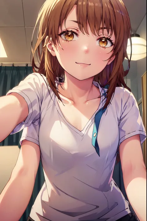 irohaisshiki, iroha isshiki, long hair, brown hair, (brown eyes:1.5), smile,looking at the viewer, heart-shaped eyes,  blush，show viewer, from below, concentrated, Beyond the particles of light, ラブホテルのBedroom, white t-shirt,black string underwear，Medium ch...