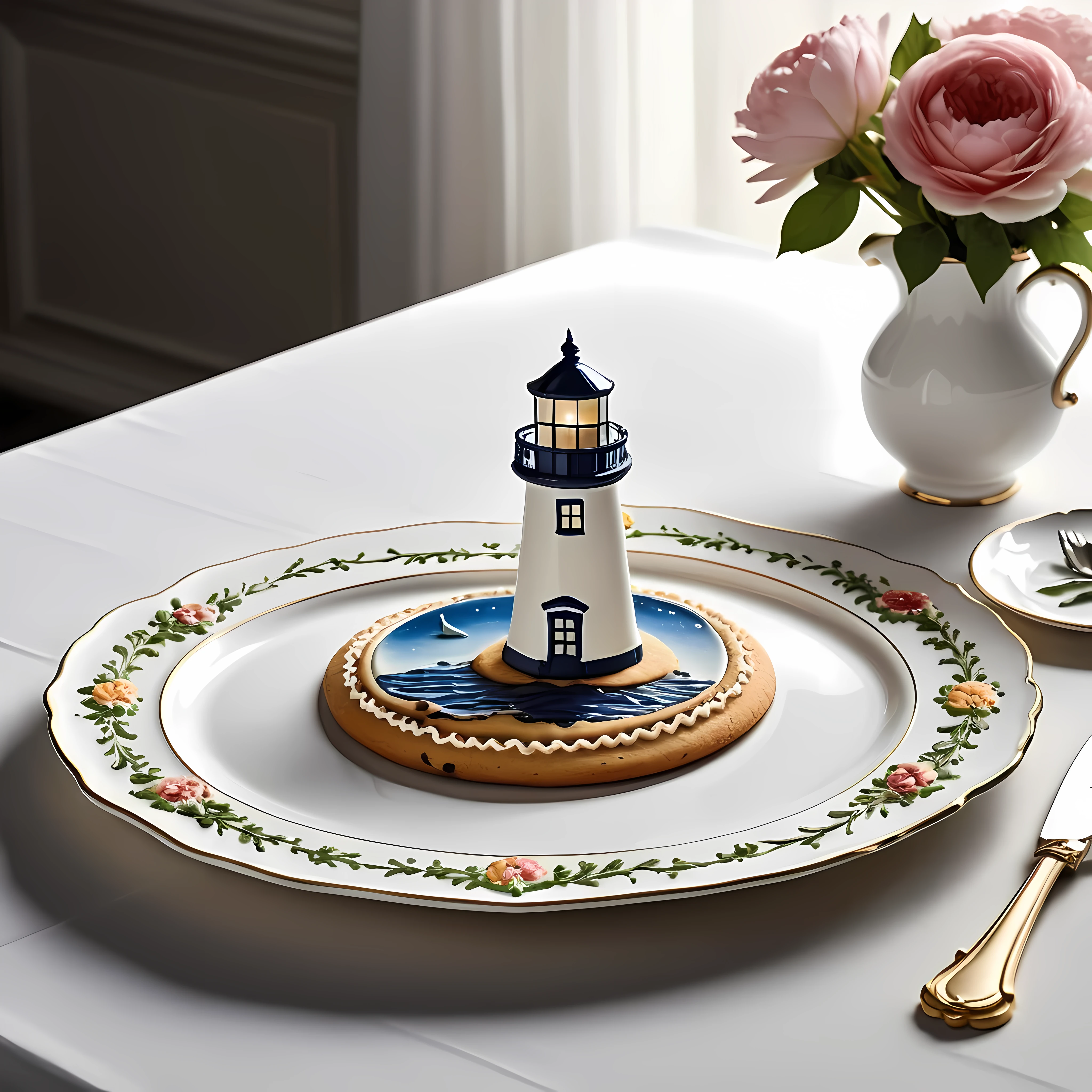 Masterpiece in maximum 16K resolution, superb quality, close up of an elegant plate with an image of an eerie marine scene with an otherworldly lighthouse, vintage look, the plate iade of finest crystals) and positioned on an empty black table with gothic patters, colorful. | ((More_Detail))
