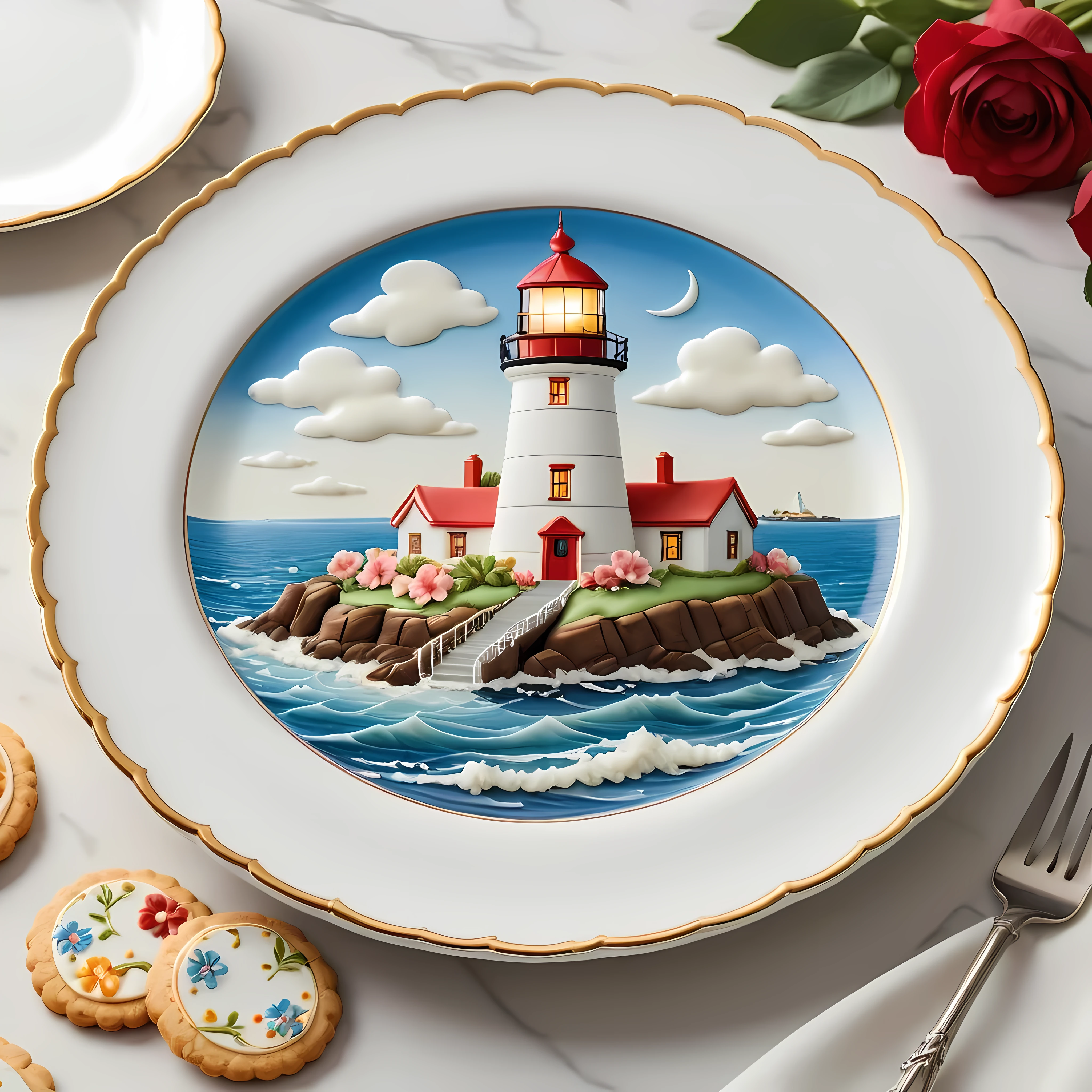 Masterpiece in maximum 16K resolution, superb quality, close up of an elegant plate with an image of an eerie marine scene with an otherworldly lighthouse, vintage look, the plate iade of finest crystals) and positioned on an empty black table with gothic patters, colorful. | ((More_Detail))
