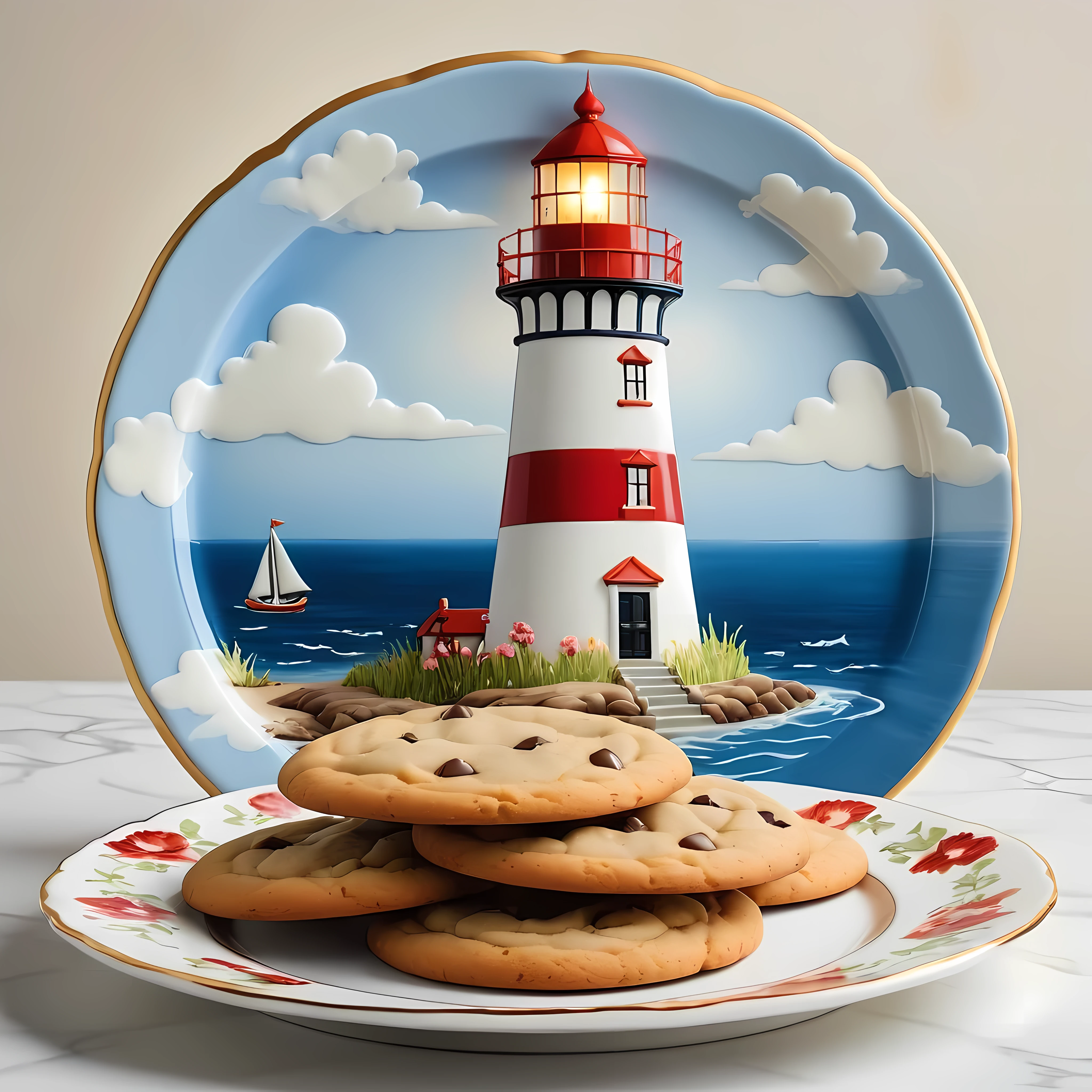 Masterpiece in maximum 16K resolution, superb quality, close up of an elegant plate with an image of an eerie marine scene with an otherworldly lighthouse, vintage look, the plate iade of finest crystals) and positioned on an empty black table with gothic patters, colorful. | ((More_Detail))

