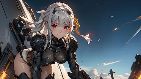 1 girl, tie up hair, left side swept hair, long gray hair, red eyes, innocent smile, black mech armor, cool and sexy face, black...