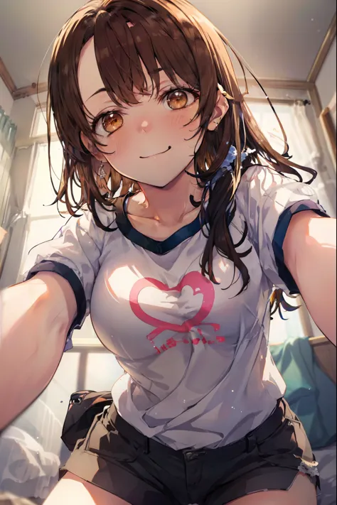 irohaisshiki, iroha isshiki, long hair, brown hair, (brown eyes:1.5), smile,looking at the viewer, heart-shaped eyes,  blush，show viewer, from below, concentrated, Beyond the particles of light, ラブホテルのBedroom, white t-shirt,black string underwear，Medium ch...