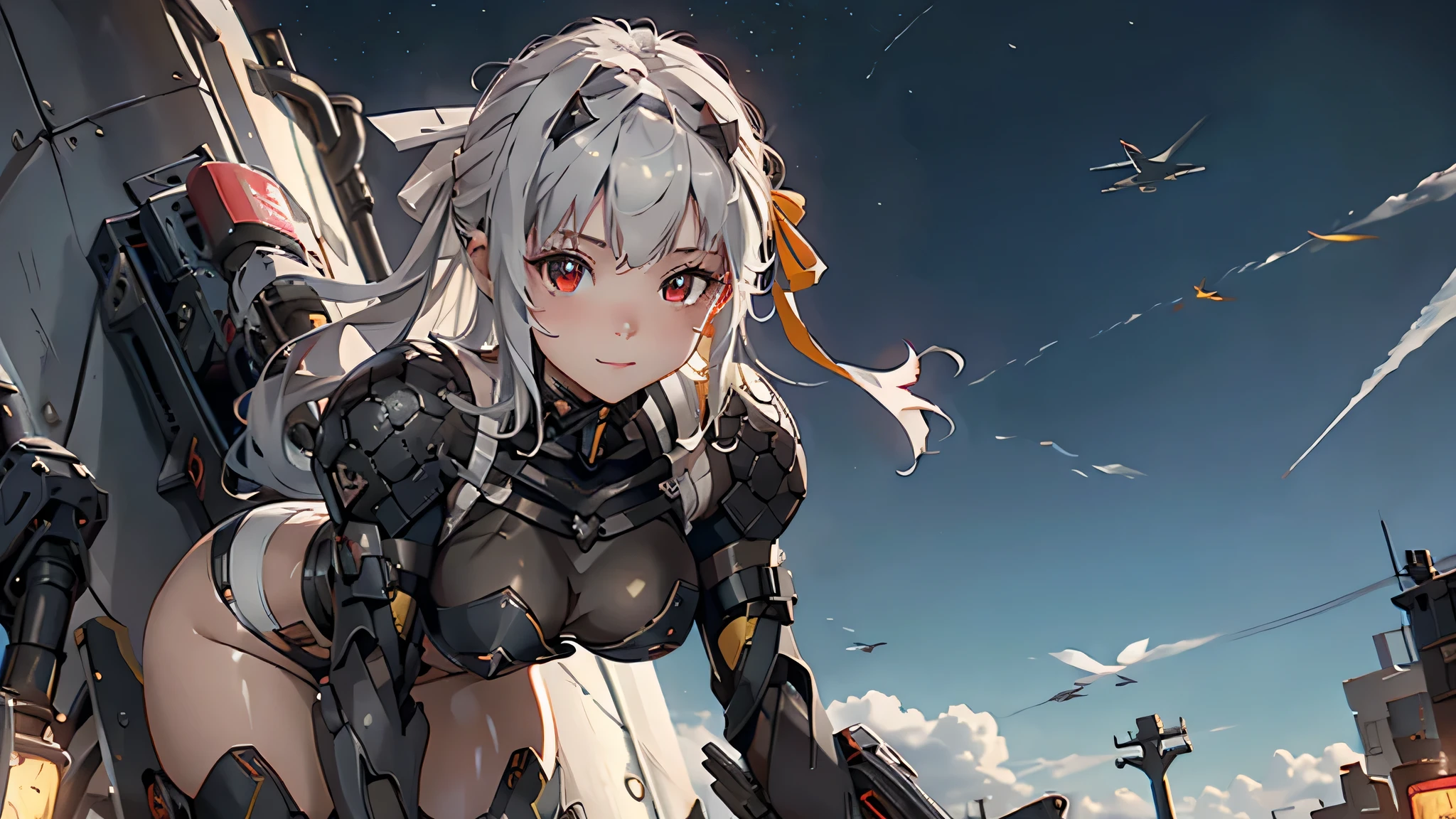 1 girl, tie up hair, left side swept hair, long gray hair, red eyes, innocent smile, black mech armor, cool and sexy face, black thigh knee sock, 8, Sharp face, Yellow ribbon at the ear, battlefield, outside, head bondage, black steel boot, standing, , modernia, massive cannon, one person, alone, 1 head, 2 hands, 2 legs