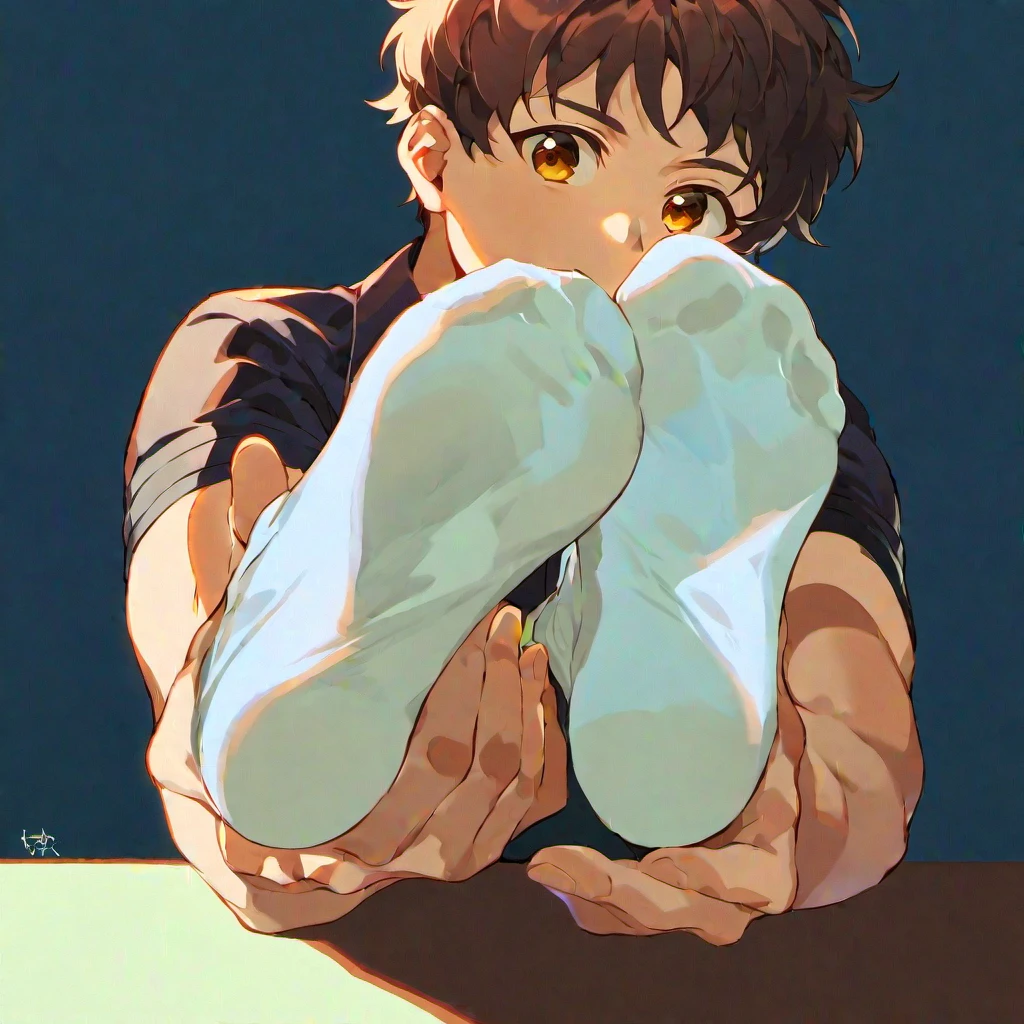 Anime boy with his hands on his face and his feet on the table - SeaArt AI