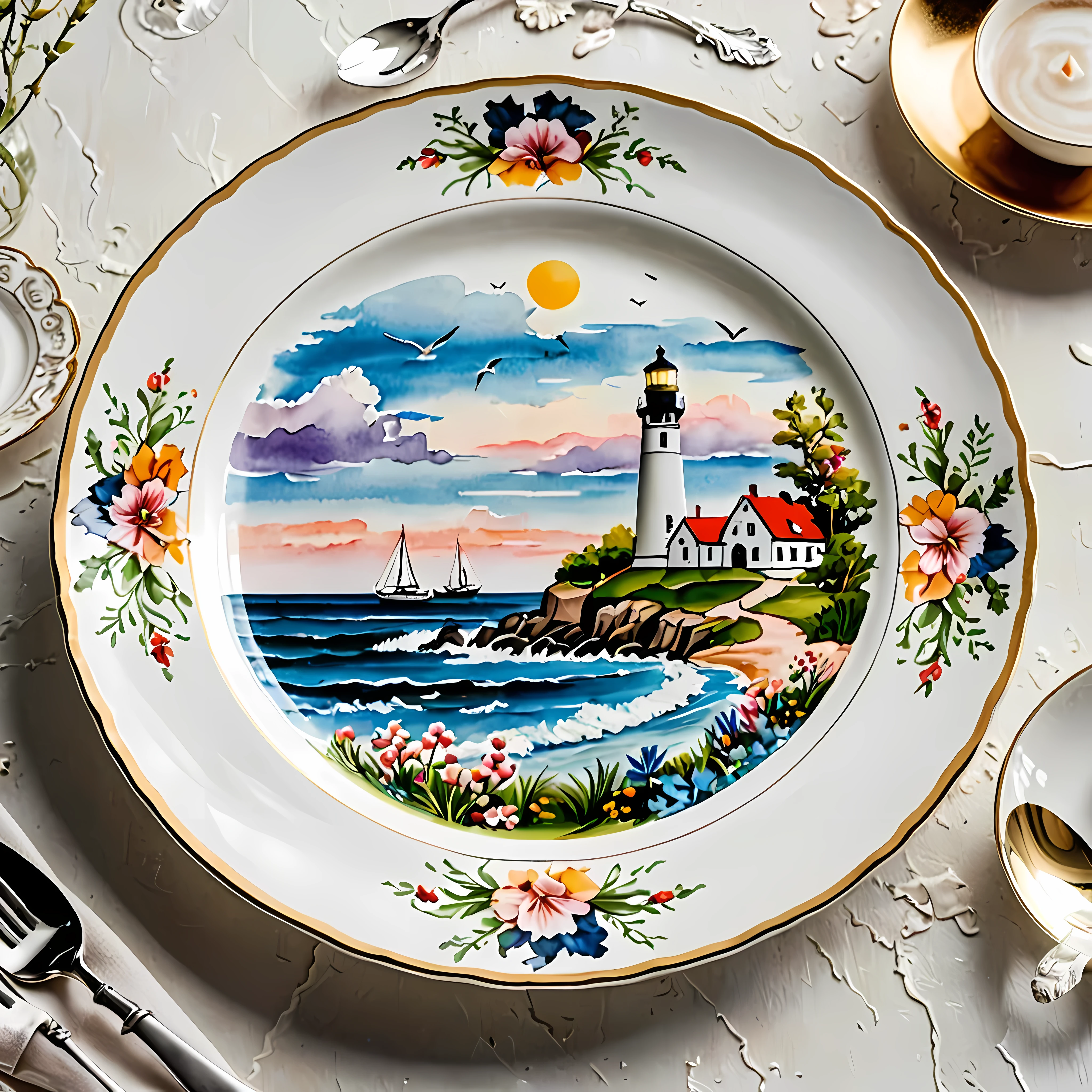 Masterpiece in maximum 16K resolution, superb quality, close up of an elegant plate with an image of an eerie marine scene with an otherworldly lighthouse, vintage look, the plate iade of finest crystals) and positioned on an empty black table with gothic patters, colorful. | ((More_Detail))
