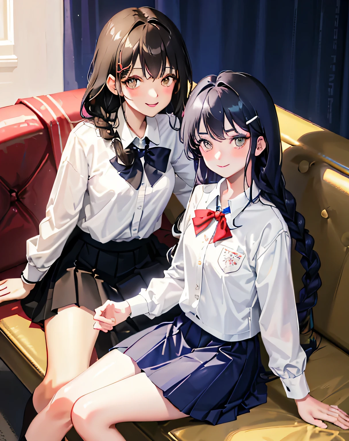 (Best quality), (Masterpiece), finely detailed, A high resolution, brown loafers, Sitting, view the viewer, Smile, a red bowtie, Two girls are sitting around the viewer, Glossy lips that make you want to kiss, nice smile, brown eyes, (((black hair))), 15 years old, long braids, big shiny hair clip, school uniform, Dark blue and navy plaid skirt, middle long skirt, white shirt, A luxurious navy blazer with a golden emblem on the left chest, big red ribbon on the chest, lipstick、very shiny hair、laughter、bright look、The light makes my face and hair shine, The corners of the eyes are drooping, cute braids, I&#39;m so happy I can jump up, The expression of a maiden in love, (((twin braid hair))), The skirt fabric has a beautiful deep blue checkered pattern., A shy expression staring at the viewer, double eyelid, ((long eyelashes)), ((the knees are hidden by the skirt)), A shy and timid girl