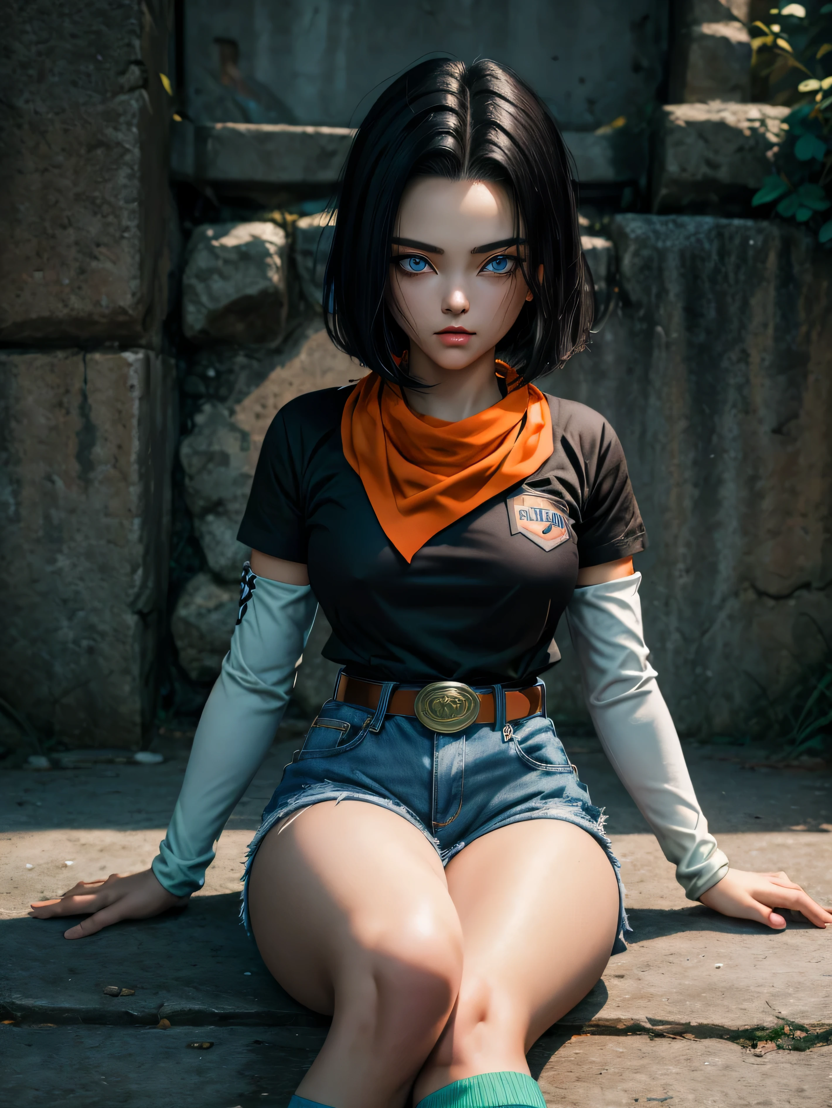 (masterpiece), best quality, expressive eyes, perfect face, highres, 1 girl, solo, android 17 girl, (female body:1.3), blue eyes, black short hair,parted hair,short hair, black shirt, jeans, layered shirt, white sleeves,orange bandana, blue sneakers, green socks, brown belt, red patch, outdoor, landscape, sitting on floor, portrait, looking at the viewer, An exquisite masterpiece of top quality and high resolution featuring Marnie. Big sleepy eyes, Aqua eyes、Glowing under the dim light. black short hair, magazine style, dark backbround