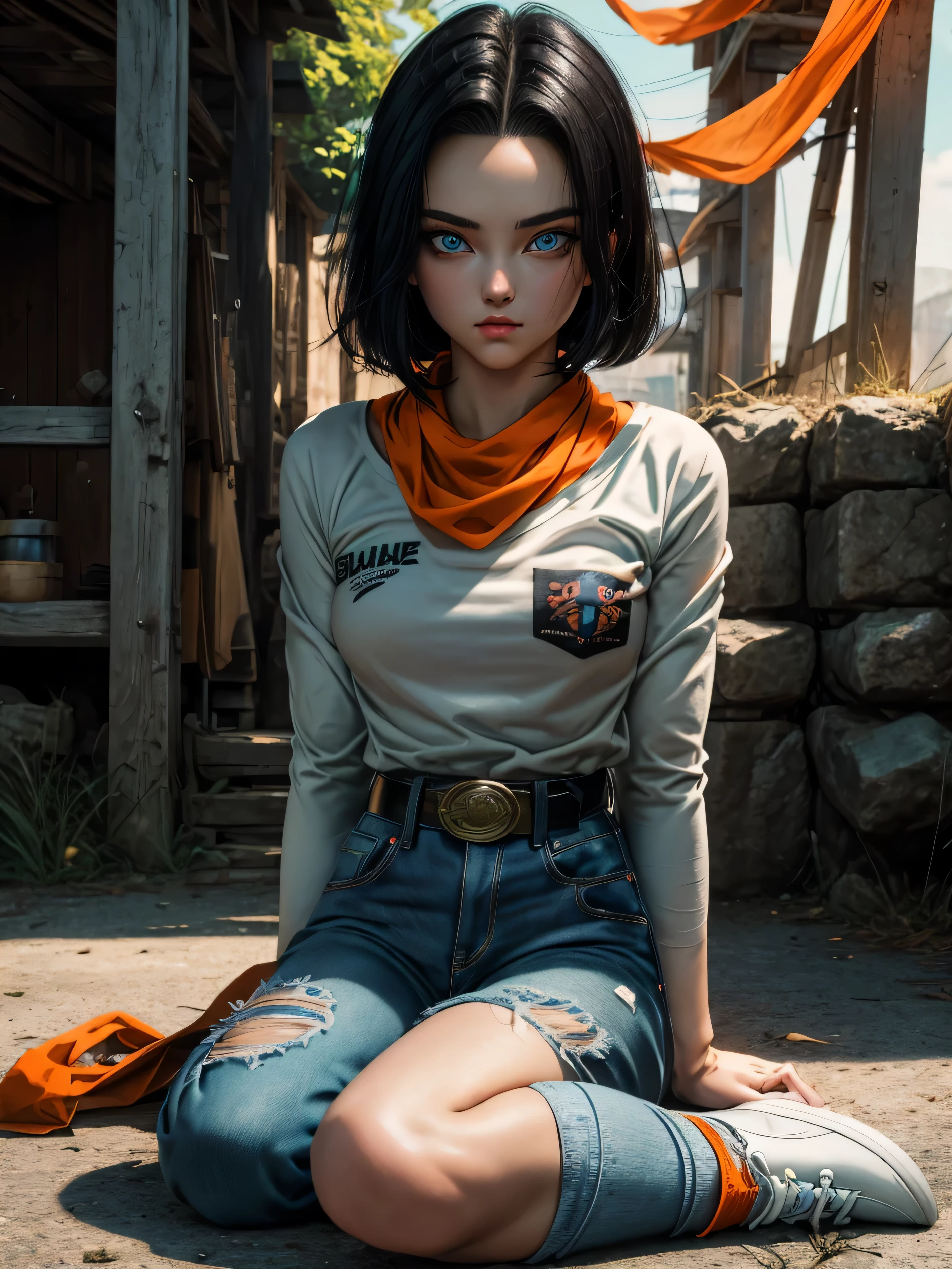 (masterpiece), best quality, expressive eyes, perfect face, highres, 1 girl, solo, android 17 girl, (female body:1.3), blue eyes, black short hair,parted hair,short hair, black shirt, jeans, layered shirt, white sleeves,orange bandana, blue sneakers, green socks, brown belt, red patch, outdoor, landscape, sitting on floor, portrait, looking at the viewer, An exquisite masterpiece of top quality and high resolution featuring Marnie. Big sleepy eyes, Aqua eyes、Glowing under the dim light. black short hair, magazine style, dark backbround