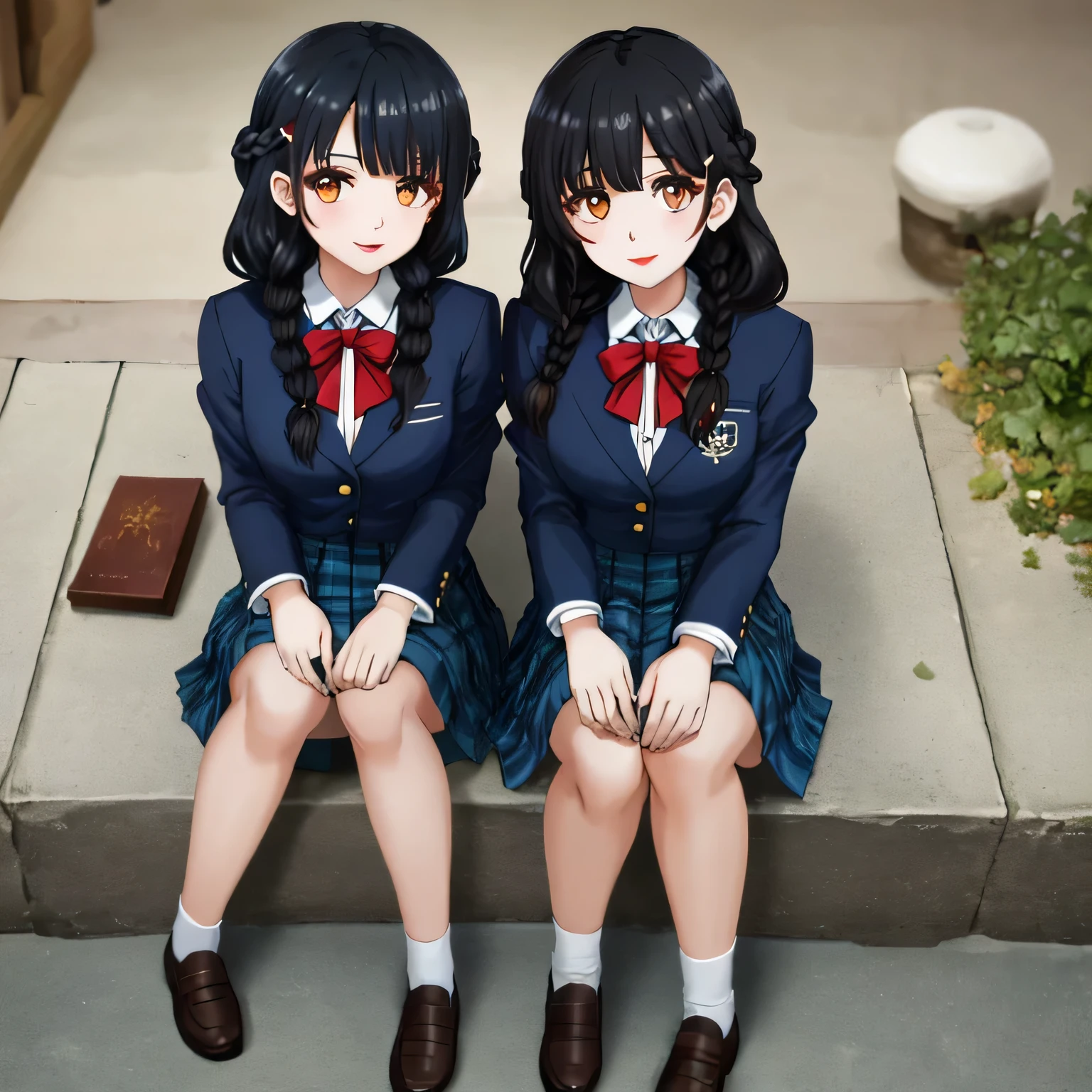 highest quality, (masterpiece:1.2), very detailed, Two girls are sitting around the viewer, Glossy lips that make you want to kiss, nice smile, brown eyes, (((black hair))), 15 years old, long braids, big shiny hair clip, school uniform, Dark blue and navy plaid skirt, middle long skirt, white shirt, A luxurious navy blazer with a golden emblem on the left chest, big red ribbon on the chest, lipstick、very shiny hair、laughter、bright look、The light makes my face and hair shine, The corners of the eyes are drooping, cute braids, I&#39;m so happy I can jump up, The expression of a maiden in love, (((twin braid hair))), The skirt fabric has a beautiful deep blue checkered pattern., A shy expression staring at the viewer, double eyelid, ((long eyelashes)), ((the knees are hidden by the skirt)), A shy and timid girl, shot from above