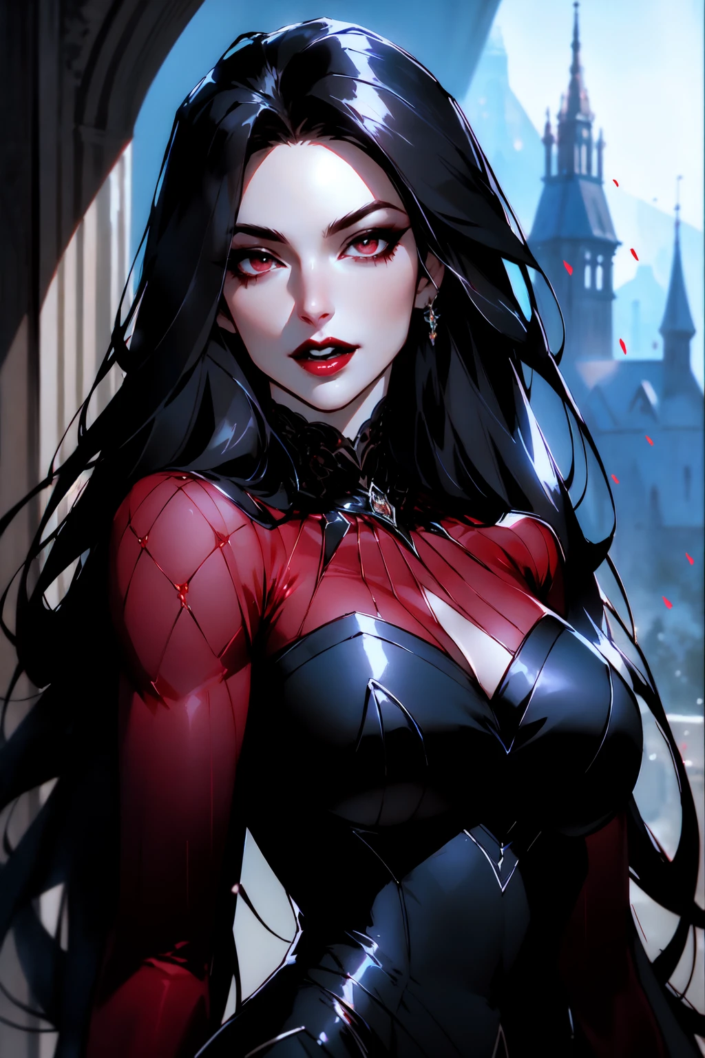 { - anatomy error}(Masterpiece - Ultra-detailed, very high resolution) portrait of vampire queen standing in dark, black hair, long hair,  no pupils, no sclera, red lips, vampire fangs, castle indoors, moonlight, particles , backwards, looking back, dinamic poses