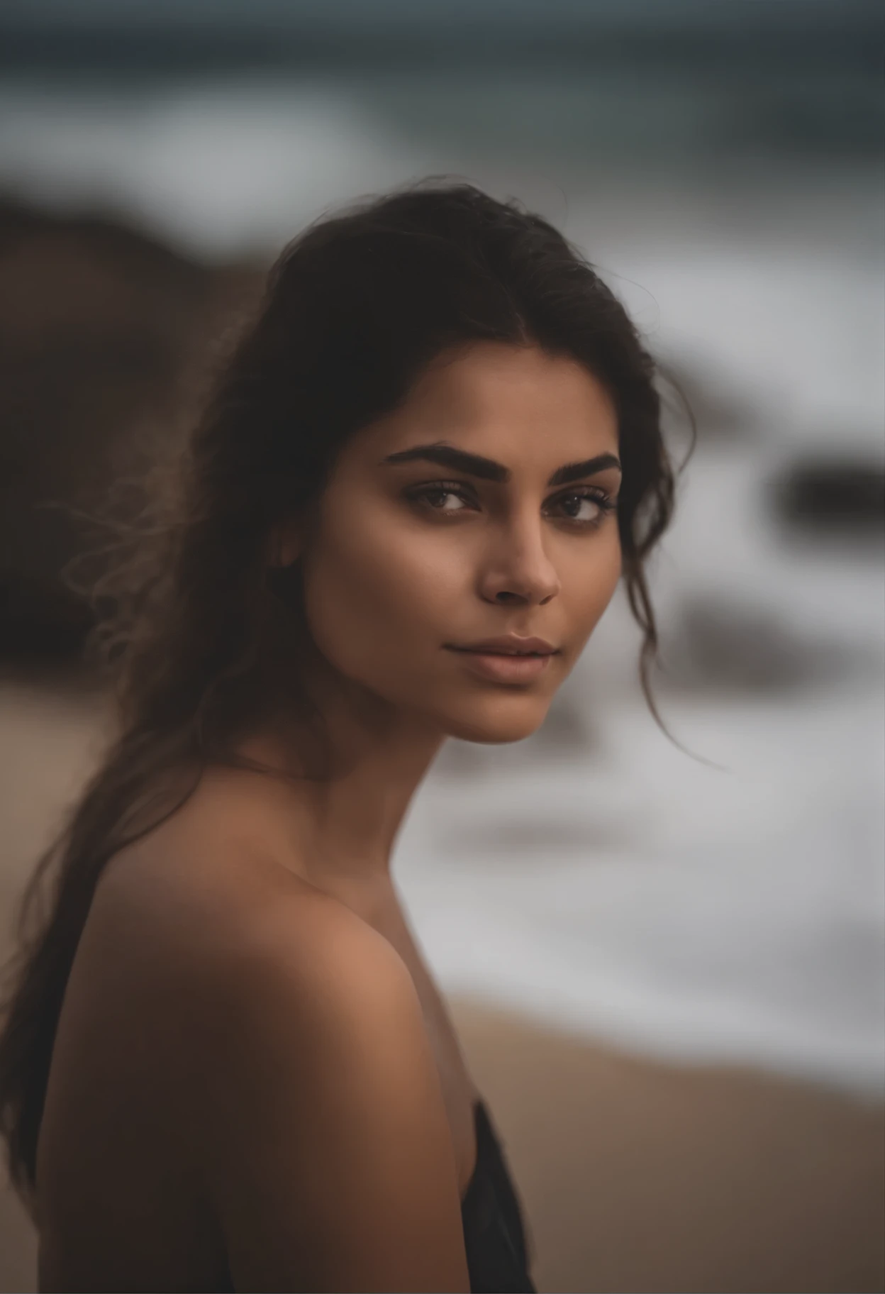 A close up of a woman with long hair on a beach - SeaArt AI