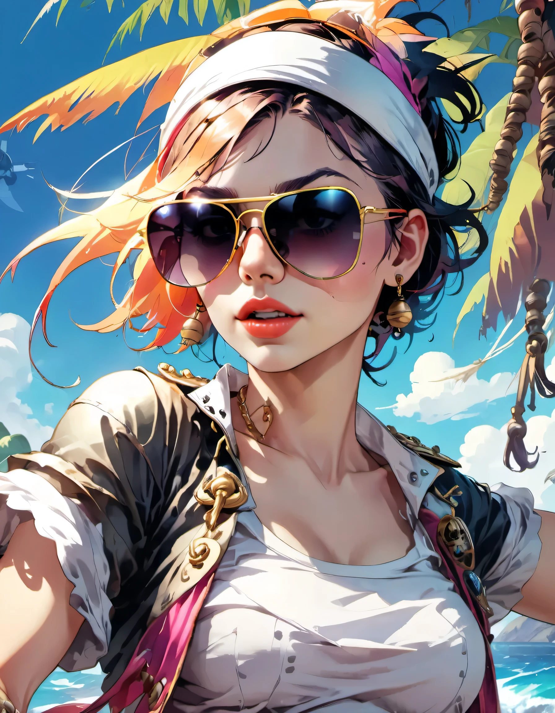 watercolor painting, 8K resolution、((highest quality))、((masterpiece))、((Super detailed))、1 female、alone、(((The strongest pirate girl in history)))、((incredibly absurd))、 (((The most beautiful pirate girl of all time))), (((Stylish sunglasses))), lips in love, white skin, pirate bandana, skull fashion,neon、short cut hair、small breasts、 Tropical Color Palette, fabric texture, thick line drawing, dynamic perspective , t-shirt design,T-shirt design AF,