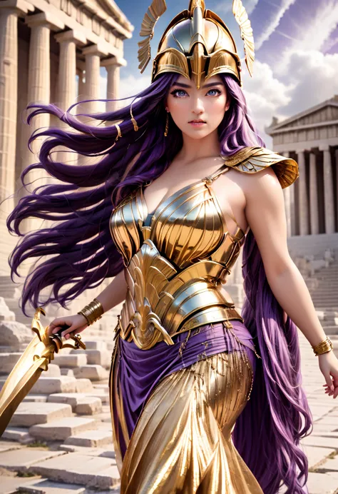 Greek goddess Athena, purple hair, wearing golden hoplite armor with helmet, attacking pose, wielding a sear, looking at the vie...