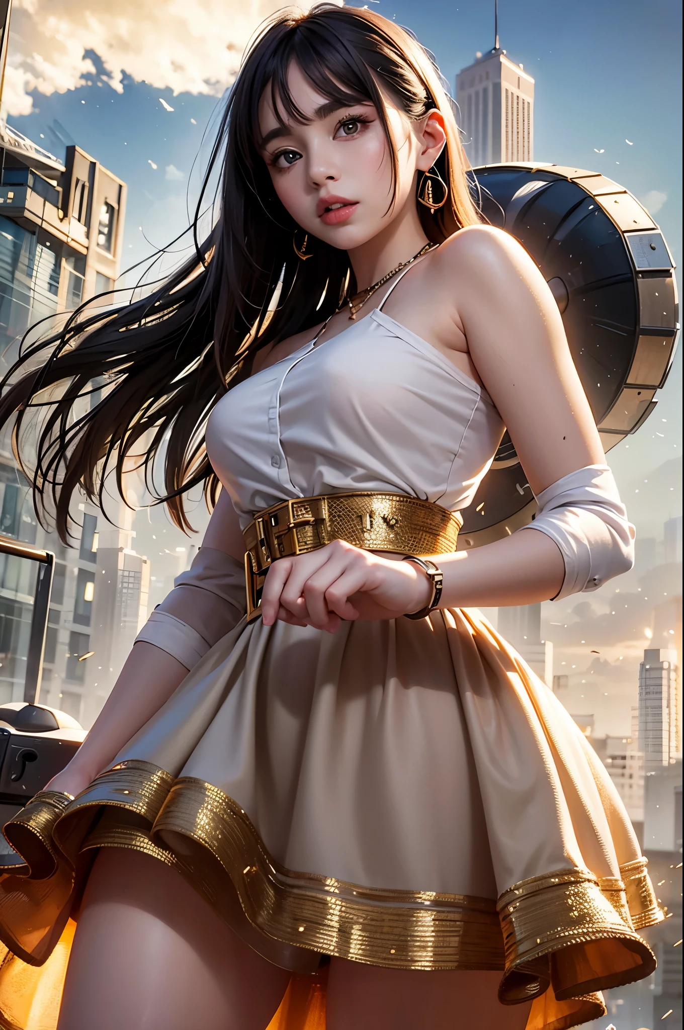 Lily Collins，Realistic photo works,fashion show，obese figure，white blouse，short skirt，short long button，zipper，Complex workmanship，Novel style，icon，company logo，fashionable outfit，future technology，Parisian fashion，Large machinery building，big gear，doomsday ruins，giant tornado，Baiyun