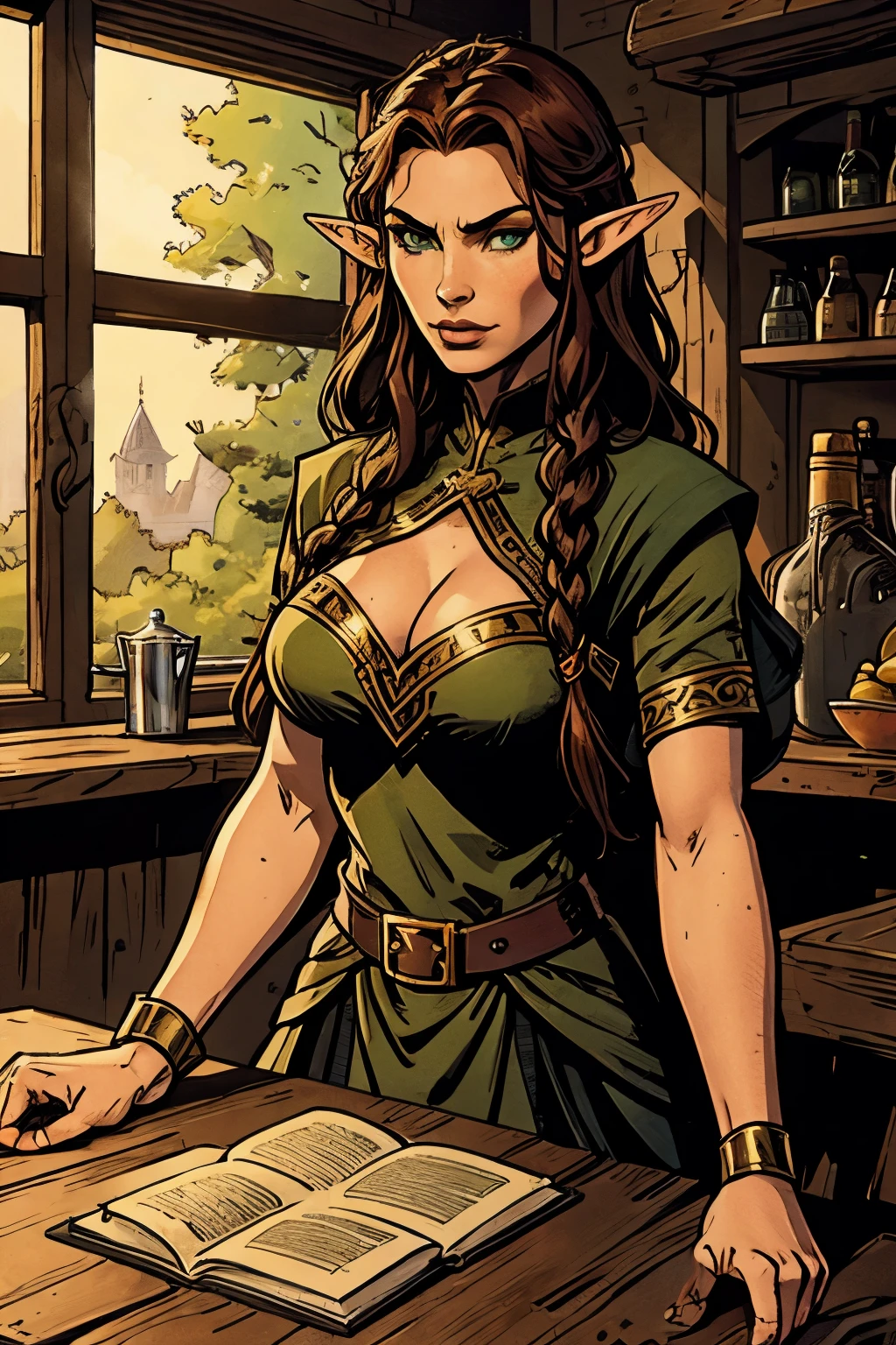 A female elf, long hair in red braids, very green eyes, freckles, thin lips, round face, medium breasts, wide hips, wearing black elf warrior clothes, imposing and distinguished, beautiful and arrogant female elf, serious and superior elf, sitting at a table in a tavern drinking a mug of beer and being admired by several adventurers