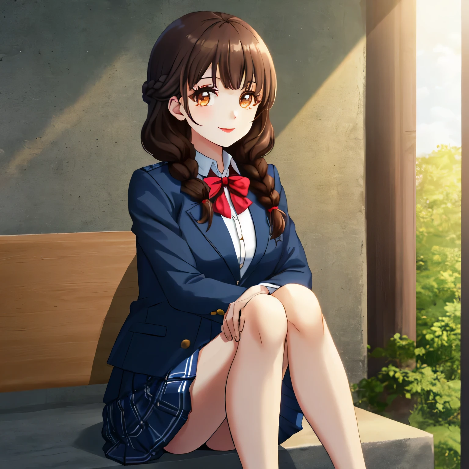 highest quality, (masterpiece:1.2), very detailed, A girl is looking at the viewer and smiling, Glossy lips that make you want to kiss, nice smile, brown eyes, (((dark brown hair))), 15 years old, long braids, big shiny hair clip, school uniform, Dark blue and navy plaid skirt, middle long skirt, white shirt, A luxurious navy blazer with a golden emblem on the left chest, big school ribbon tie, lipstick、very shiny hair、laughter、bright look、The light makes my face and hair shine, The corners of the eyes are drooping, cute braids, I&#39;m so happy I can jump up, The expression of a maiden in love, (((twin braid hair))), The long skirt fabric has a beautiful deep blue checkered pattern., A shy expression staring at the viewer, double eyelid, ((long eyelashes)), ((the knees are hidden by the skirt)), A shy and timid girl