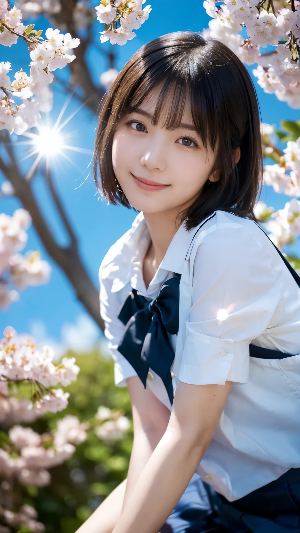 (highest quality,masterpiece:1.3,ultra high resolution),(Super detailed,caustics,8k),(photorealistic:1.4,RAW shooting),1 girl,sit,(smile),(looking down at the camera),18-year-old,cute,Japanese,black hair short cut,(school uniform),glamorous,(big ),(breast focus),grass,cherry blossoms,blue sky,sun,Natural light,(Lens flare),professional writing,(bust up shot),(Tilt composition:1.3),(low position:1.4),(Low - Angle:1.4)