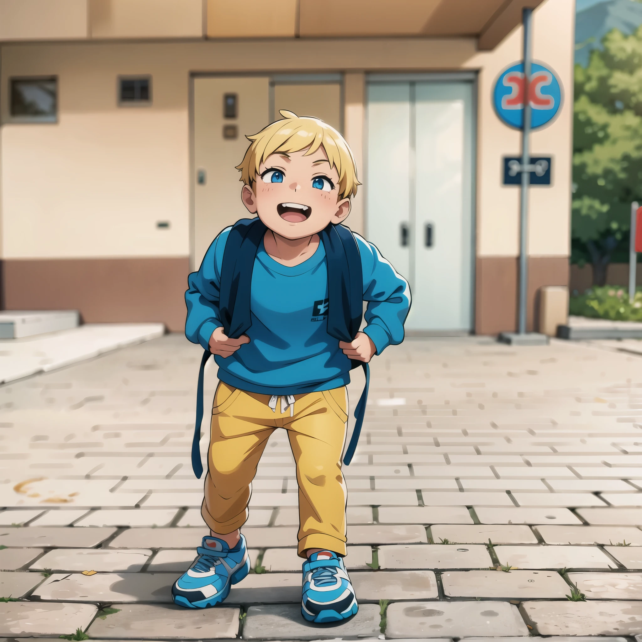 ((masterpiece, best quality)), absurd, pokemon theme, in the middle of a beautiful landscape, standing on a dusty sandy road, happy, cute boy, gorgeous boy, white teeth, blue eyes, blond hair, walking boy, wearing a blue sweatshirt and yellow sweatpants, wearing blue shoes with a red stripe and laces, boy walks towards camera and looks into camera, pikachu stands next to boy, pikachu laughs at boy, pikachu looks at boy, river bends in background, mountains are visible , the smaller planet Neptune can be seen in the sky