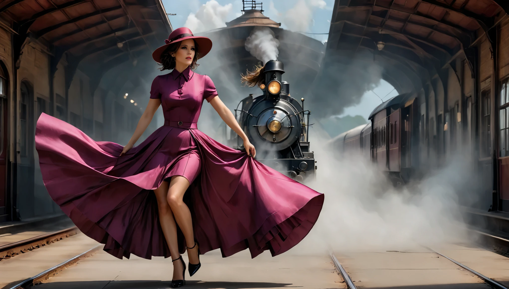 (ケイト・ベッキンセイル) (27年) マゼンタのドレスと, スカートは床まで長く、帽子をかぶっている, 電車にもたれて, 1940年代のような駅で, 中央に煙が立つ機関車、灯台、日本の畑、フィルムセット、ジブリ、ビッグムーン、雲,メサ,より良い品質,スケッチスタイル, モダヴィンテージ, 1920年代の雰囲気.
