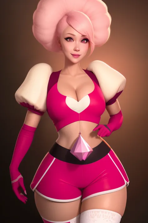 pnkdamond, pink hair, pink eyes,  big hair,  stomach gem,  pink skin,  toned, 
puffy short sleeves, elbow gloves ,  white thighh...