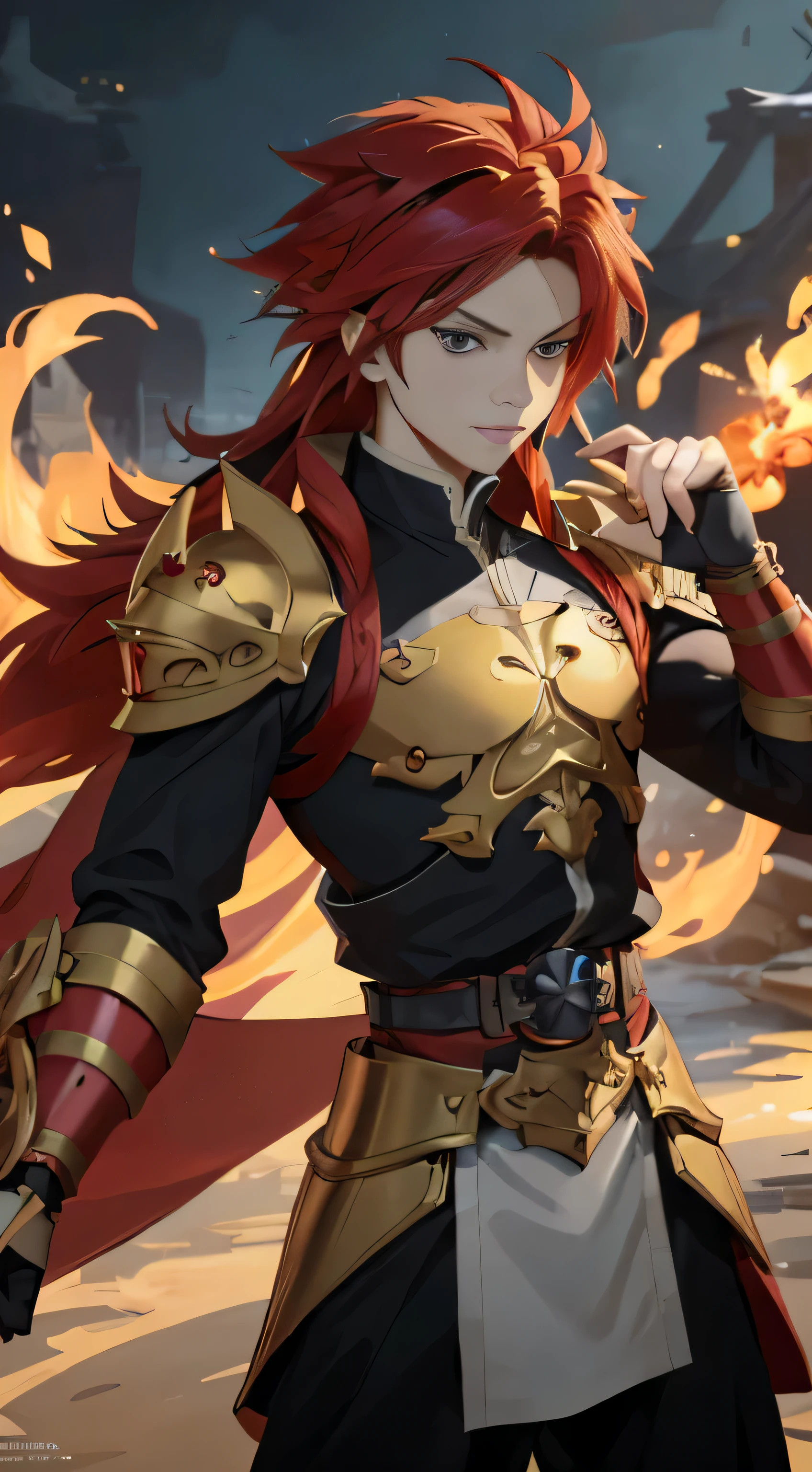 An incredibly detailed anime character with vibrant red hair holds a gleaming sword in his hand, exuding a powerful presence. This artwork, inspired by the art direction of the renowned game "Guilty Gear Strive," showcases the perfect fusion of traditional and digital techniques. With meticulously crafted details, every aspect of this character's design is brought to life, from the intricate armor to the expressive facial features. Created by the talented artist Yang J, this stunning piece of artwork captures the essence of the character with impeccable accuracy. The combination of 2.5D CGI and anime aesthetics adds depth and dimension to this epic fantasy artwork. It is no wonder that this exquisite character art has become a fan favorite, trending on platforms like ArtStation and Pixiv.