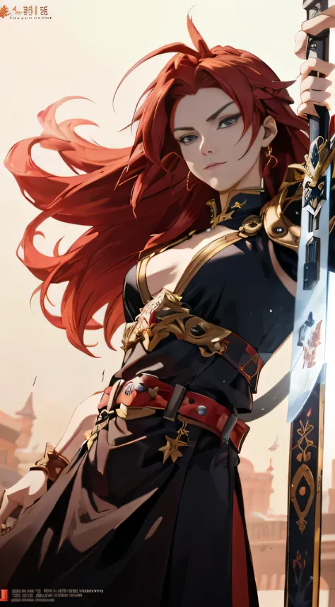 An incredibly detailed anime character with vibrant red hair holds a gleaming sword in his hand, exuding a powerful presence. Th...