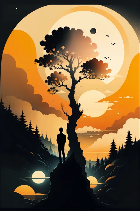 ch,silhouette,tree,solo,moon,orange theme,outdoors,sun,orange background,orange sky,scenery,standing,1boy,1other,bare tree,