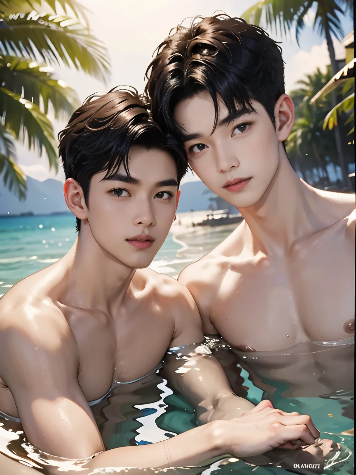 Two asian men in a pool with palm trees in the background - SeaArt AI