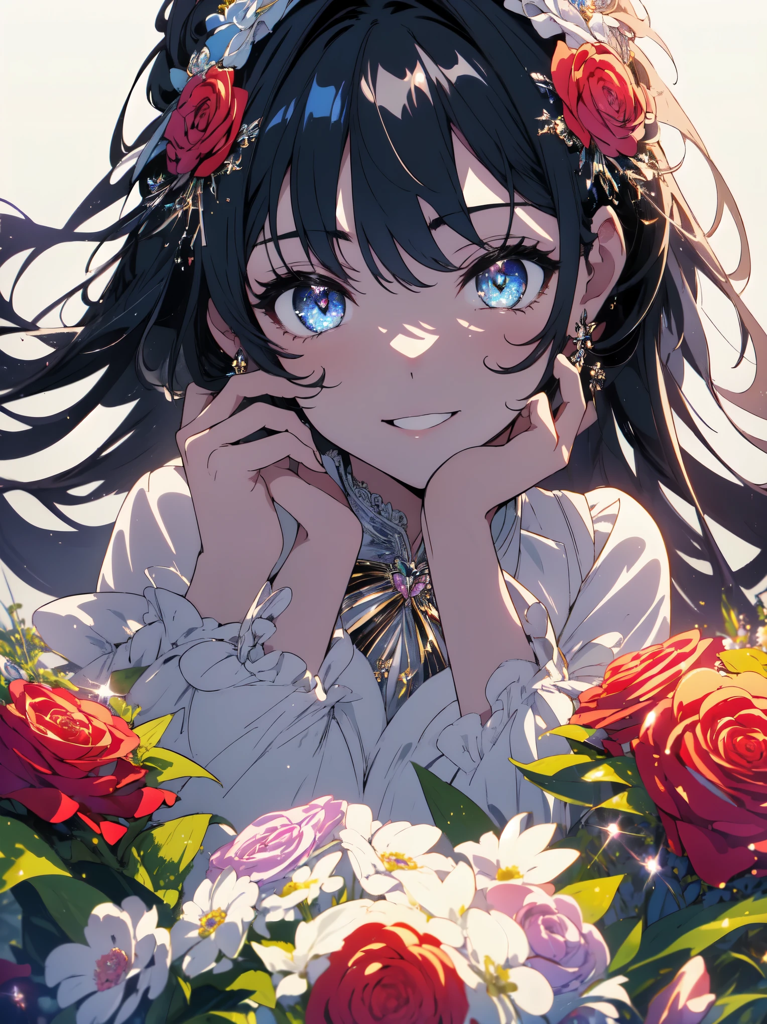 ((masterpiece)), ((highest quality)), ((High resolution)), ((very detailed、 8k wallpaper)), girl、(Shining eyes)、lolita dress、best smile、make a heart with both hands、bouquet、beautiful anime