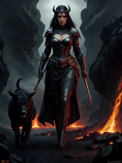 arafed woman in black plunge neck leather outfit walking through a lava field with a large black hell hound by her side, in styl...