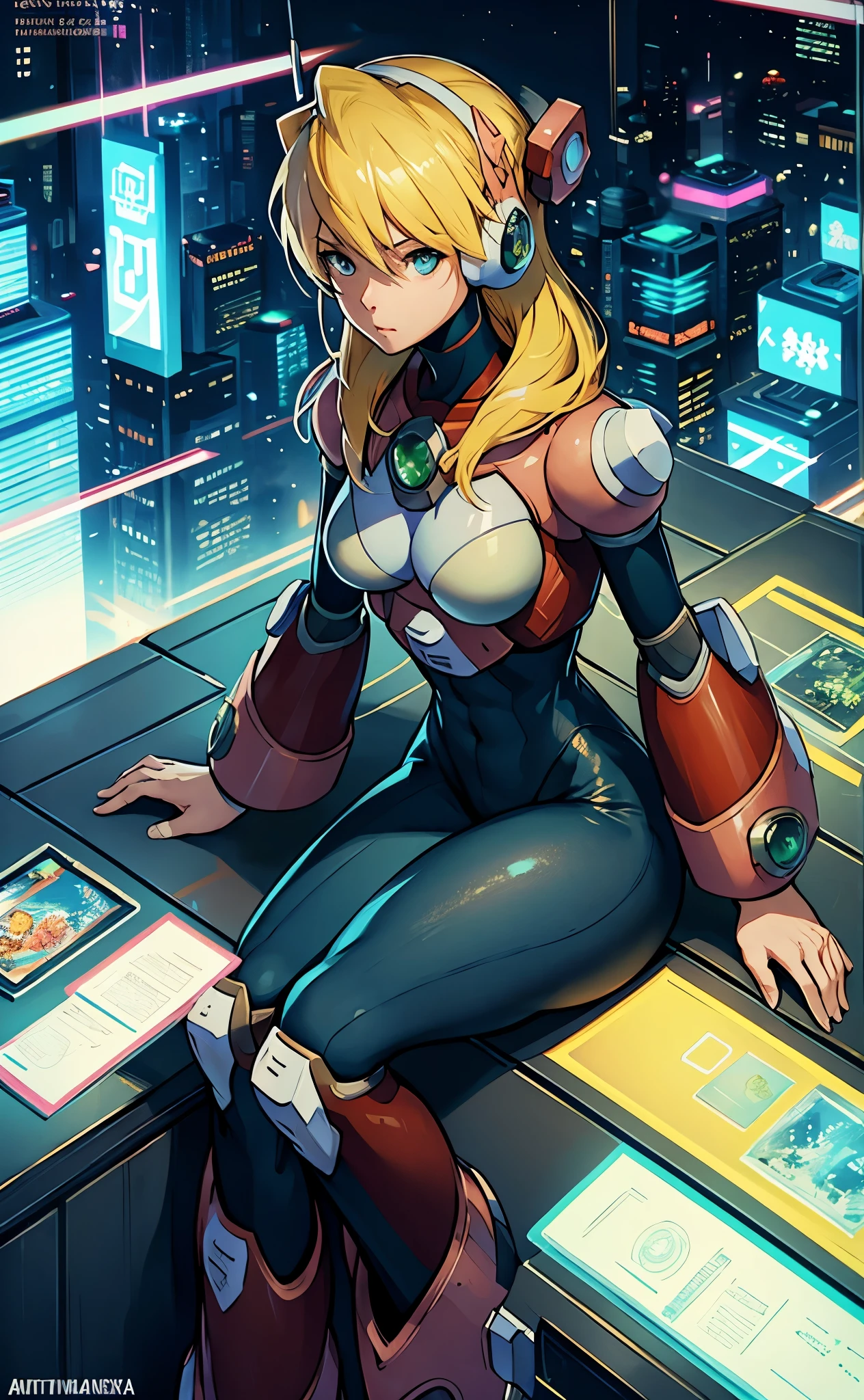 alia_megamanx sitting on the edge of the top of a building in Tokyo - bak cyberpunk city in the background, SSCI - FI, fantasia, intricado, muito muito bonita, elegante, luz neon, altamente detalhado, pintura digital, art station, arte conceitual, anatomia humana, Luz suave, suave, illustration, por tian zi e artgerm e greg rutkowski e alphonse mucha e loish e WLOP