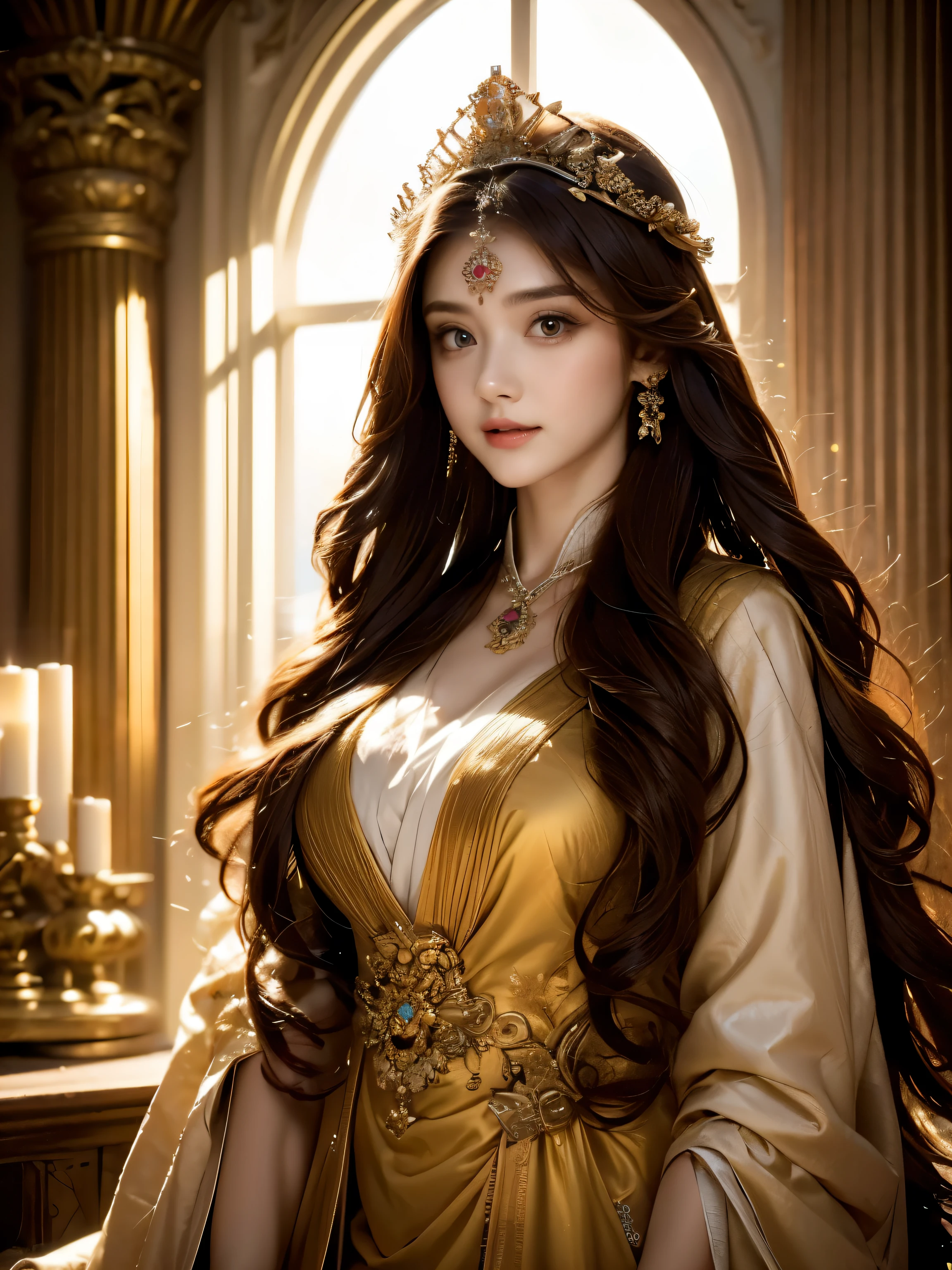 (masterpiece), (best quality), (illustration), (very detailed), (high resolution), Woman in her 20s, long hair, wearing a crown, crimson-haired, yellow eyes, Ancient Dress, 