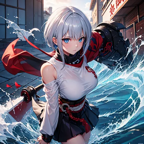 a girl wearing heavy samurai armor outside a dojo, short silver hair, a red fringe, blue eyes.