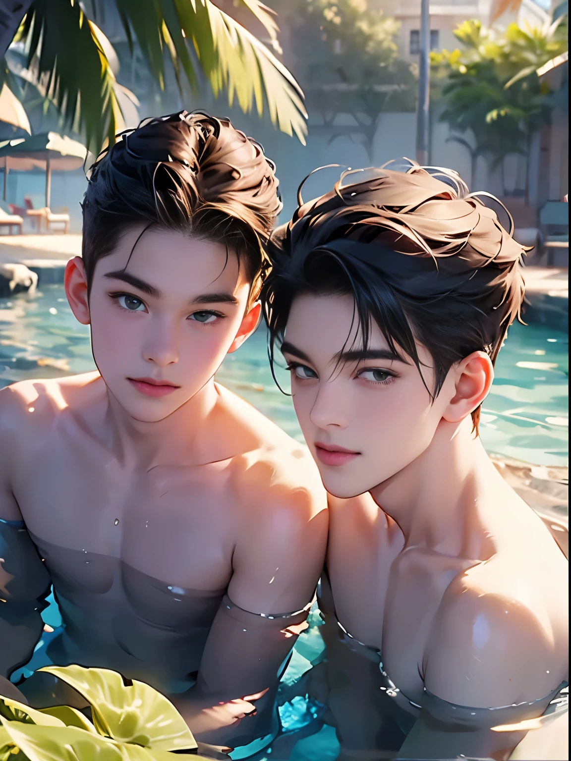 They are in the pool together and posing for a picture - SeaArt AI