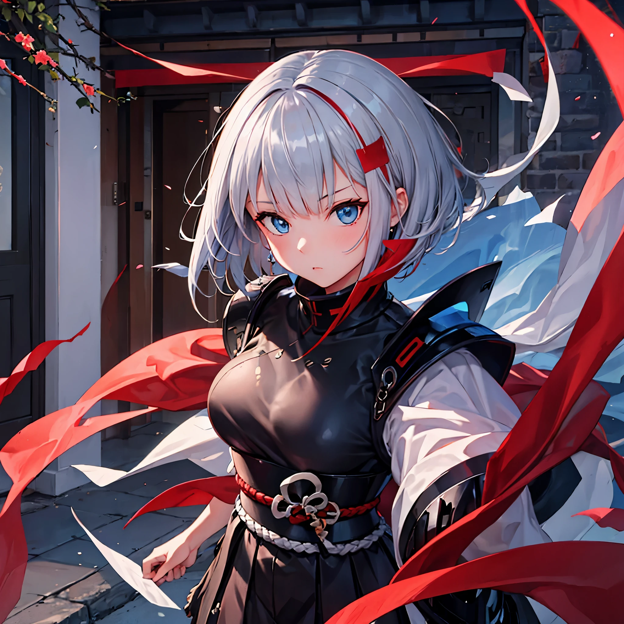 A girl wearing heavy samurai armor outside a dojo, short silver hair, a red fringe, blue eyes.
