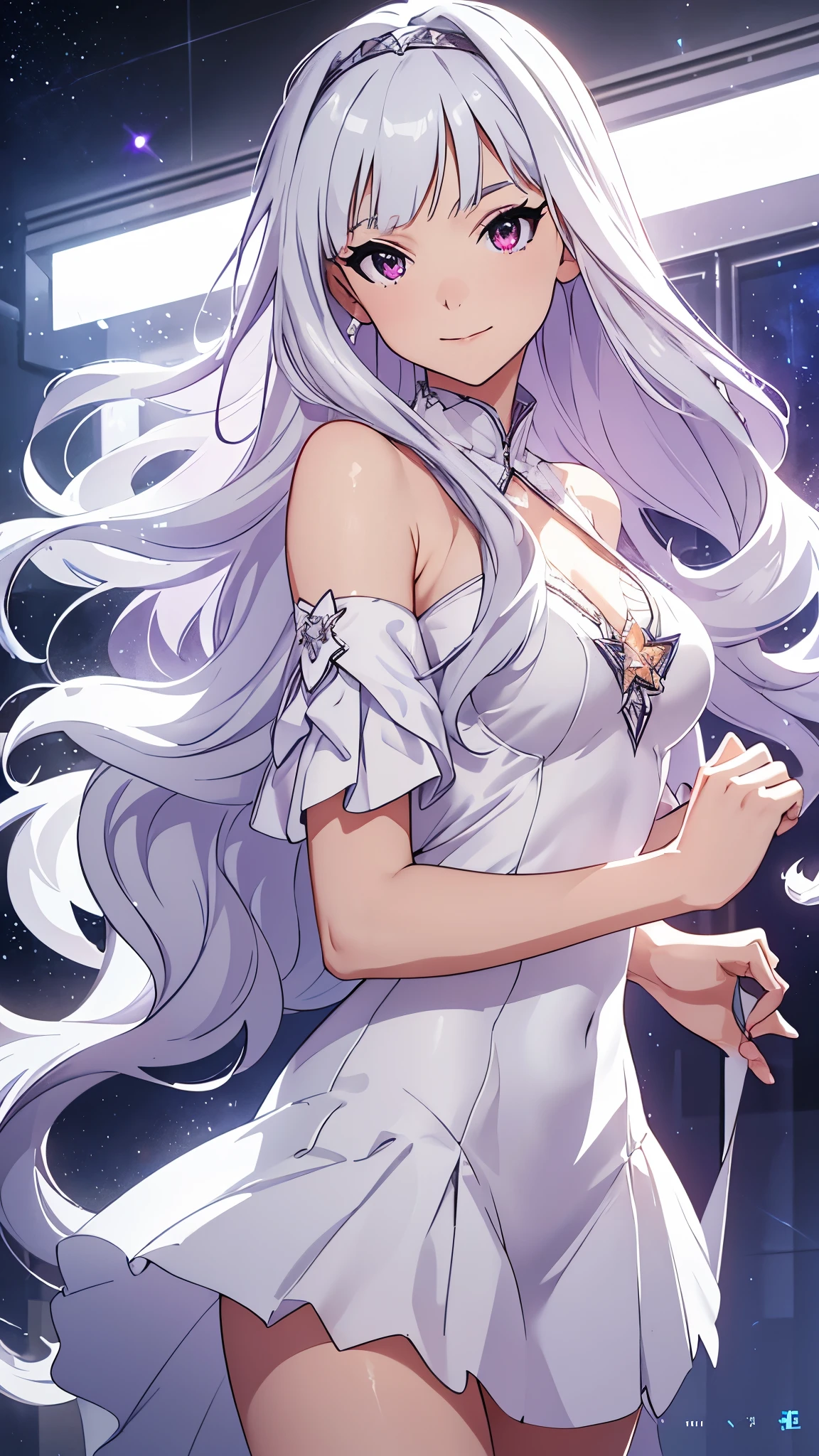 CG, unity, 8k, wallpaper, highest quality, masterpiece, lovely woman, 1, white hair, white skin BREAK (white onepiece dress, barefoot), best lighting, complex pupils, complex textile, detailed background, Against the background of the night sky, galaxias, space, Starcloud, stars, glitters, Smoke, intricately details, rendering by octane, Ultra photo realsisim , rendering by octane, uplit ,Purple dream art, cinematic