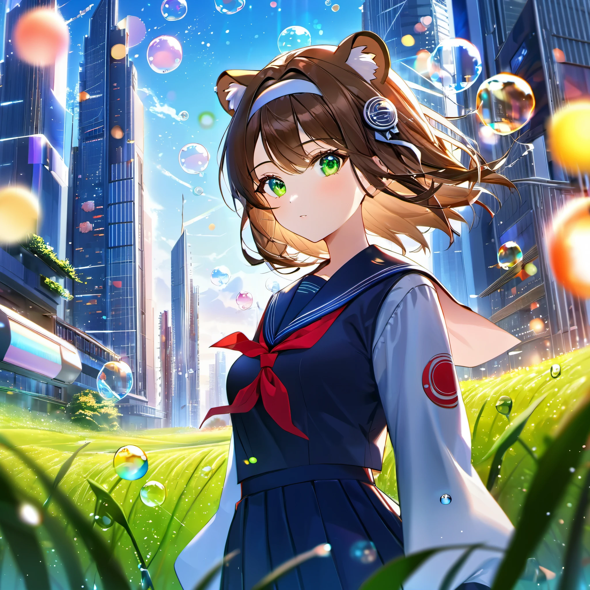 (best quality,4k,highres),ultra-detailed,realistic,portraits, Japaneese school girl, green eyes, long brown hair,anime style,futuristic, Frutiger Aero aesthetic, eco- modernism, bokeh, ribbon headband,small breast,futuristic sailor lolita dress,puffy sleeves,white and blue,colorful lighting, red ribbon, navy blue pantyhose, school shoes, school bag, school crest, floating bubbles, standing in a green field with distant futuristic skyscrapers in the background, tertiary colors, highly detailed, 4K.