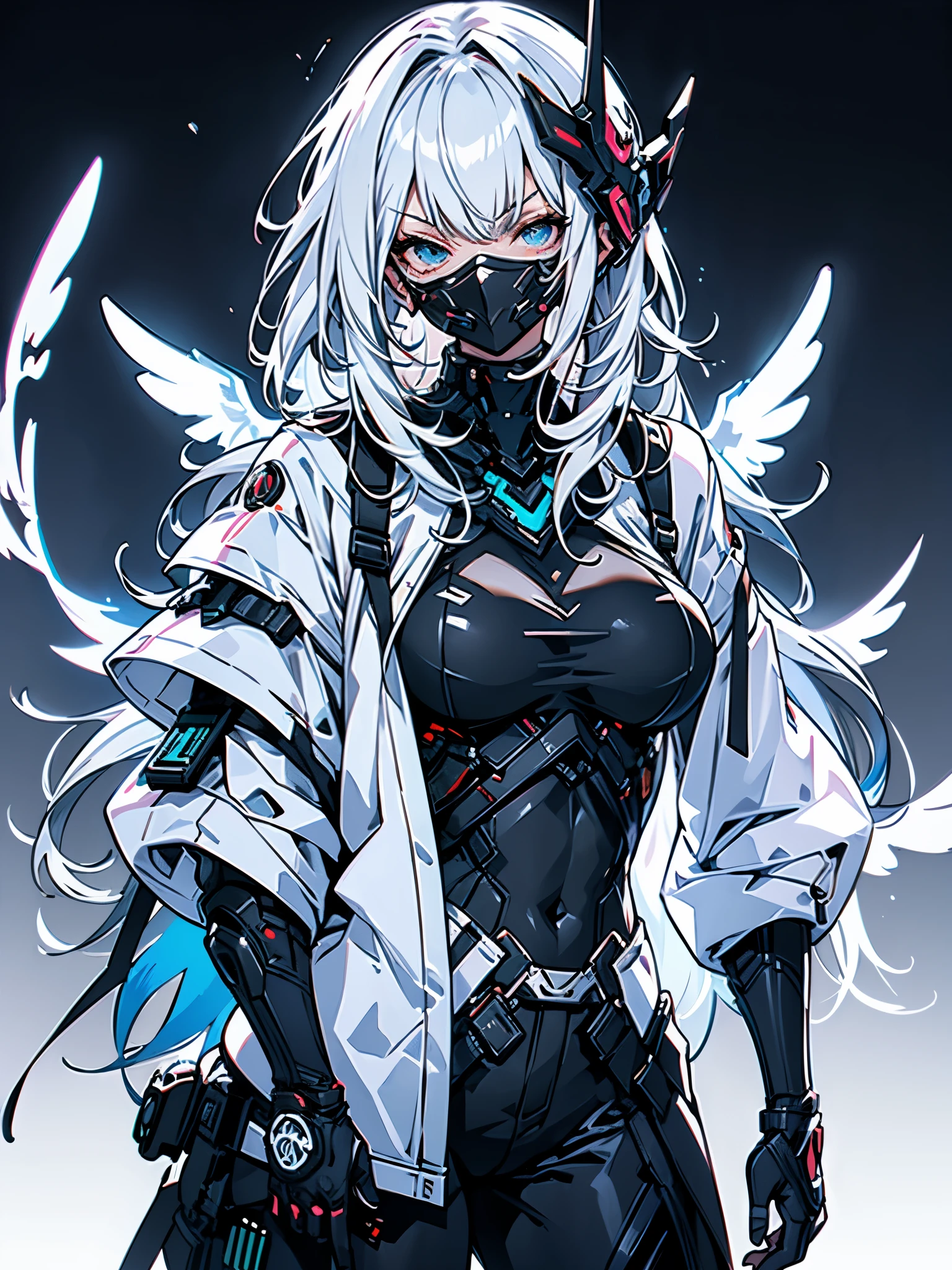 gilr alone, white hair, long hair, straight hair, dark blue eyes, dressed, tech jacket, thighs showing, neckleace, breasts small, big-ass, thick muscle coxa, (((girl equipped with technological mask and technological accessories))), white high top sneakers, background with cool colors neon and black, fully body,
