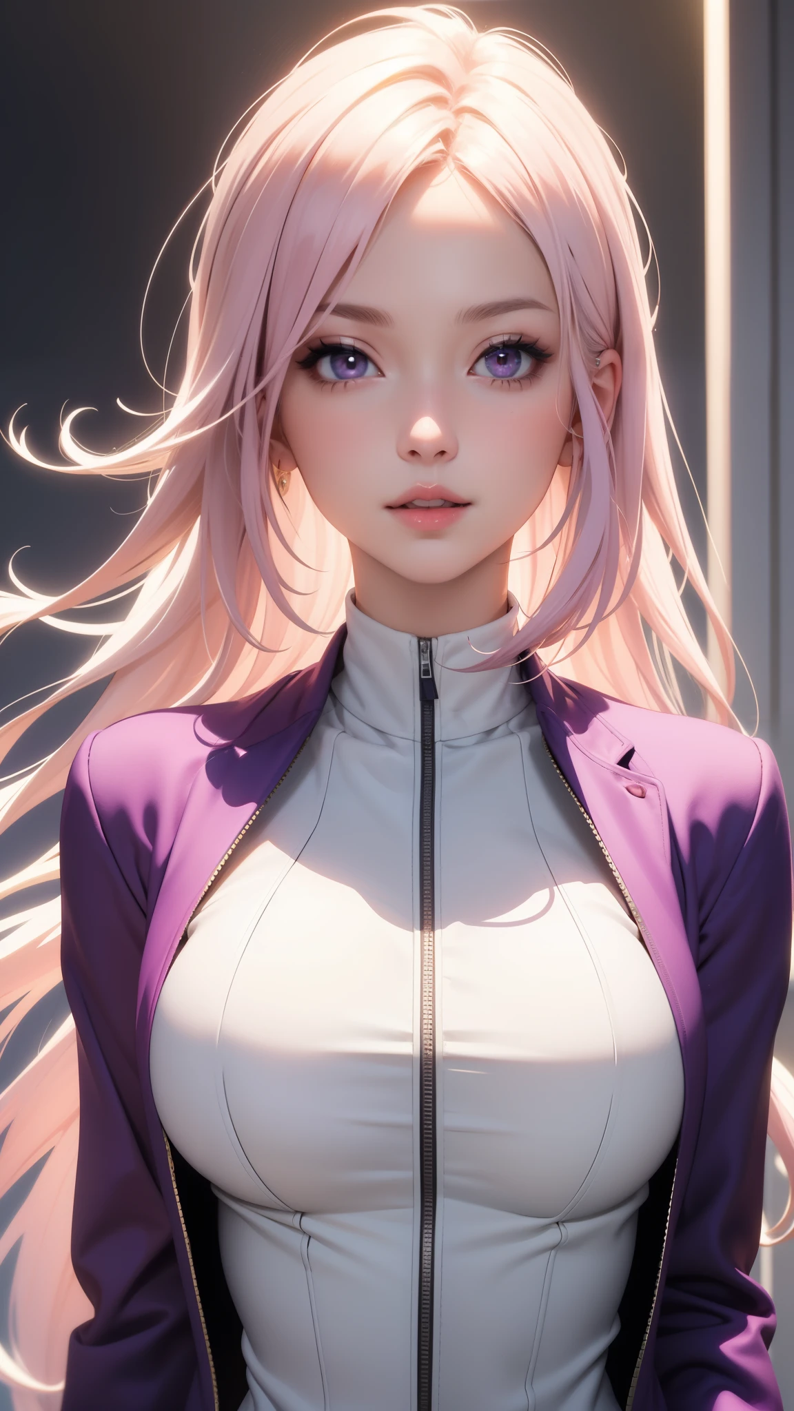 (masterpiece, best quality), intricate details, thin, ((Slim)), beautiful girl, light pink hair, White skin, Light purple eyes, sharp jawline, cropped jacket, messy hair, lips, Upper body, big breasts，giggle