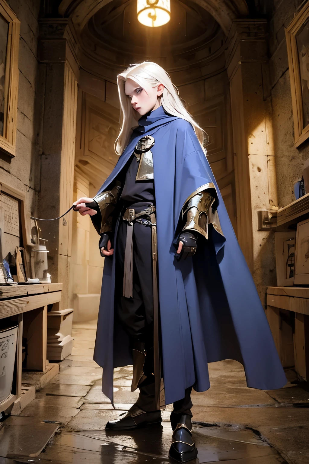 1boy, long hair, pale skin, skinny, enface, half body, wizard medieval clothes, robe, cape,  inside a dungeon, light spell, brown light hair, blue eyes, dark clothes,
