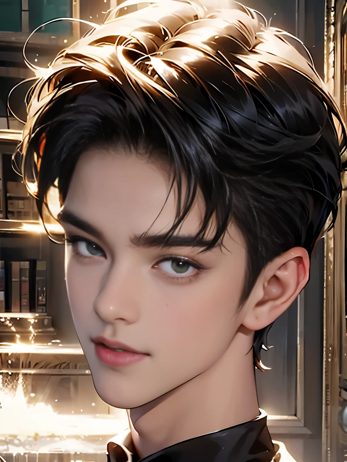 The highest quality portrait of a young man, the lead singer of the group Exo. world famous pop star! Handsome guy . short brown hair, emerald eyes, mysterious. seductive smile!