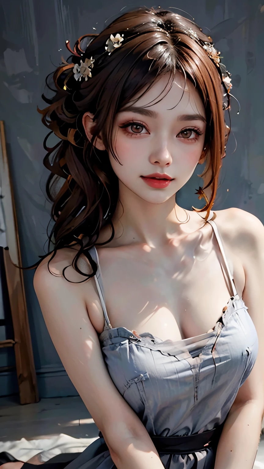 （（masterpiece，best quality，high definition）），1 girl，（Realism），独奏，Colorful background，Colorful background，Shut up，Happy smile，Happy smile，beautiful auburn hair, Long curly hair, red headdress，big eyes,red eyes，Clear double eyelids, eyelash, Ears exposed, long neck, absolute area, skirt, ((face close-up)), (Draw all the heads, Shoulder), 19 years old, Attractive proportions, glowing skin, Clean collarbone, golden ratio of face, perfect face shape, tear nevus, Mole on the chest, bangs, 干净bangs, lip gloss, thin lips, White skin, NUDE, Big breasts，Open your mouth wide，stick out tongue，There is a large amount of unknown  on the face