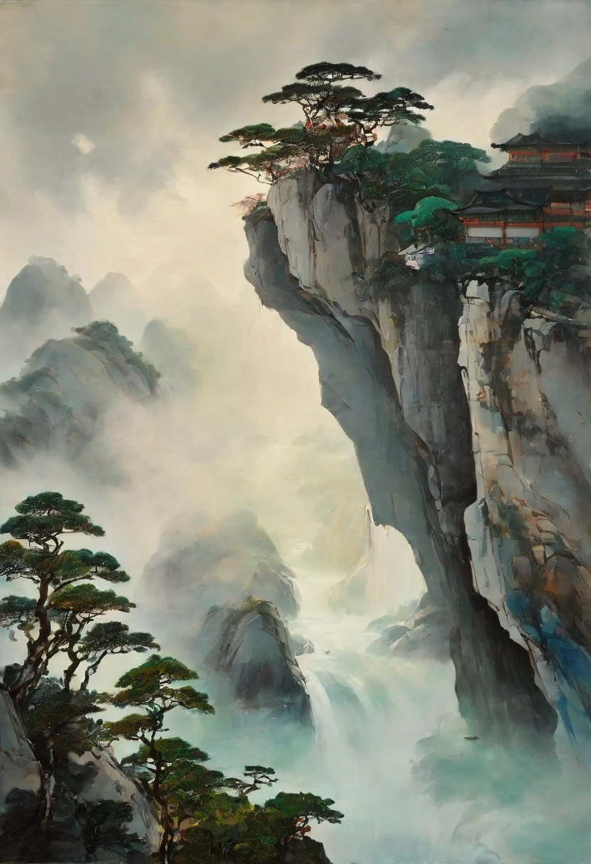 Depicts a Lushan landscape in the style of Wu Guanzhong，There is a wide and long waterfall flowing from the peak to the foot of the mountain in the middle of the mountain.，and steep mountains，The sea of clouds rolls mistyly in the mountains，Exposing the strong pines on the mountain peaks，Light blues and grays create an ethereal atmosphere，Verdant mountains and tranquil rivers are presented with delicate lines，Evoking a sense of timeless beauty and introspection。The melody of nature echoes in the air，Viewers are invited to immerse themselves in a tranquil journey。high definition。