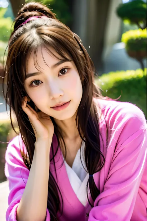 araffed asian woman with a pink shirt and a pink shirt, ulzzang, sakimichan, korean girl, xintong chen, beautiful south korean w...