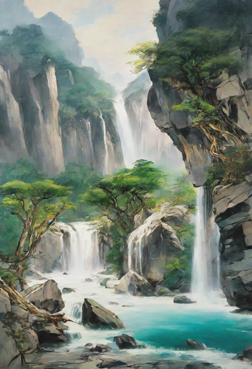 Representa un paisaje de Lushan al estilo de Wu Guanzhong.，Hay una cascada ancha y larga que fluye desde la cima hasta el pie de la montaña en el medio de la montaña..，，Los azules claros y los grises crean una atmósfera etérea.，Montañas verdes y ríos tranquilos se presentan con líneas delicadas.，Evocando una sensación de belleza e introspección atemporales.。La melodía de la naturaleza resuena en el aire.，Se invita a los espectadores a sumergirse en un viaje tranquilo.。alta definición。