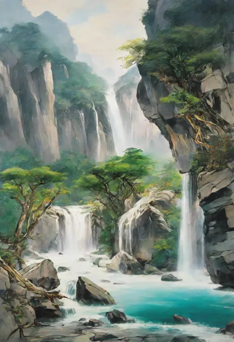 Depicts a Lushan landscape in the style of Wu Guanzhong，There is a wide and long waterfall flowing from the peak to the foot of ...