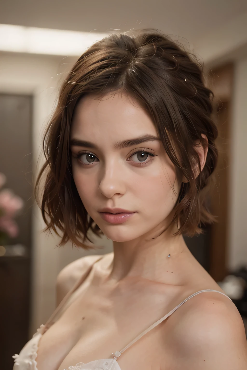 Capture a essência de uma cena cativante: onde uma linda mulher de 20 anos, de pequena estatura, com cabelo curto adornado com pontas rosa. evocando a estética de celebridades como Lily Collins e Ana de Armas, conhecido por seus distintos penteados rosa. seu cabelo, uma fusão de tons claros e pastéis, cai ao redor dela, criando uma aura etérea que realça sua beleza. com roupas pegajosas e corpo inteiro
