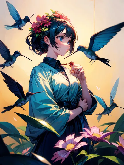 Hummingbirds gathered around the flower held by the girl