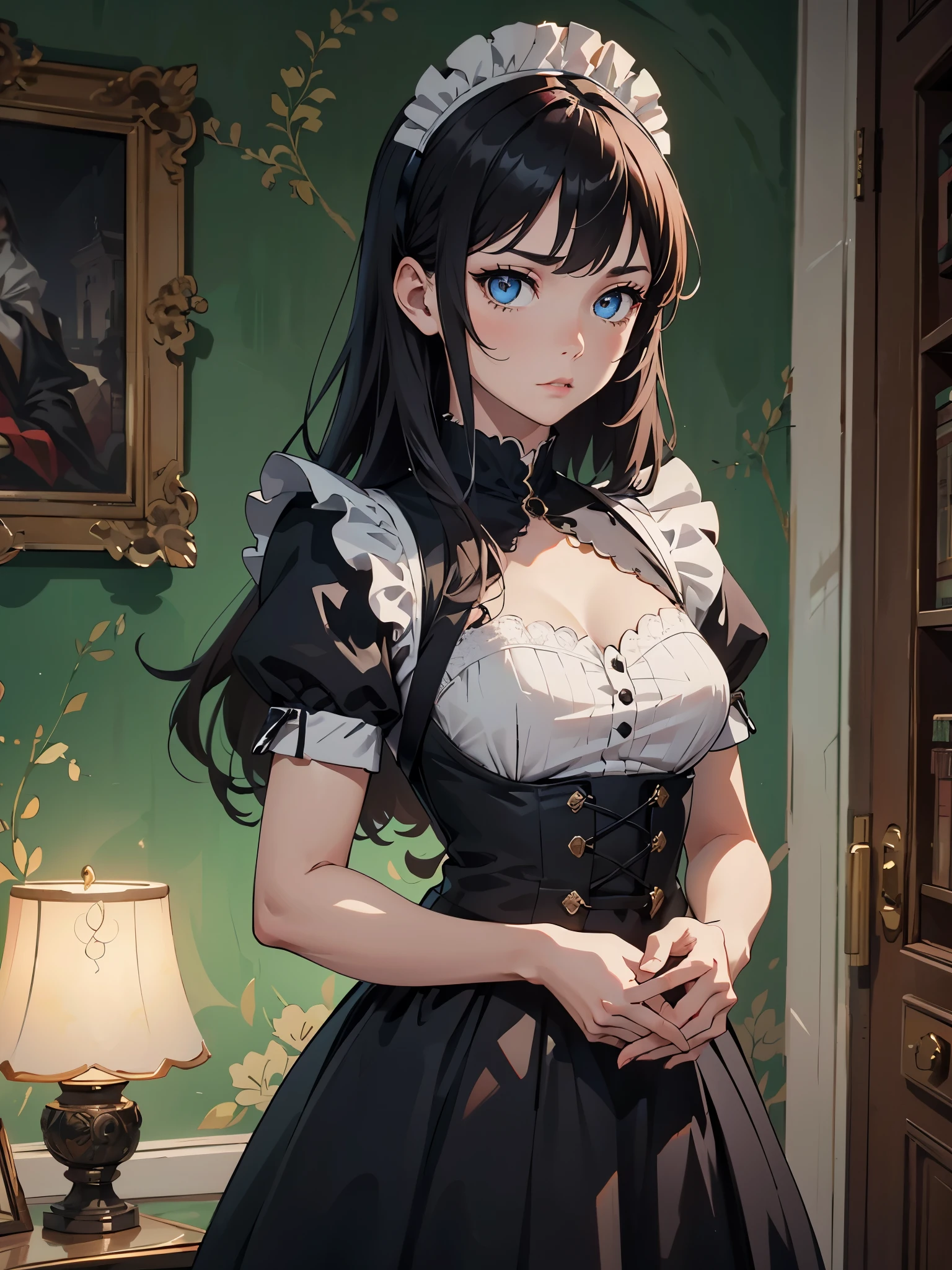 (tmasterpiece, high resolution, ultra - detailed:1.0),1 girl, Young and beautiful woman, standing, (((looking away from viewer))), Perfect female body, (upper body), (ancient roman Castle), Extremely detailed CG, Unity 8k wallpaper, Complicated details, solo person, (long black hair, (diamond shaped eyes), light blue eyes, medium breasts, Maid clothes, short sleeves, timid expression, hands in lap), Luxurious ((roman)) room, (marble walls), trunk, color difference, Depth of field, dramatic shadow, Best quality, Cinematic lighting, official art,